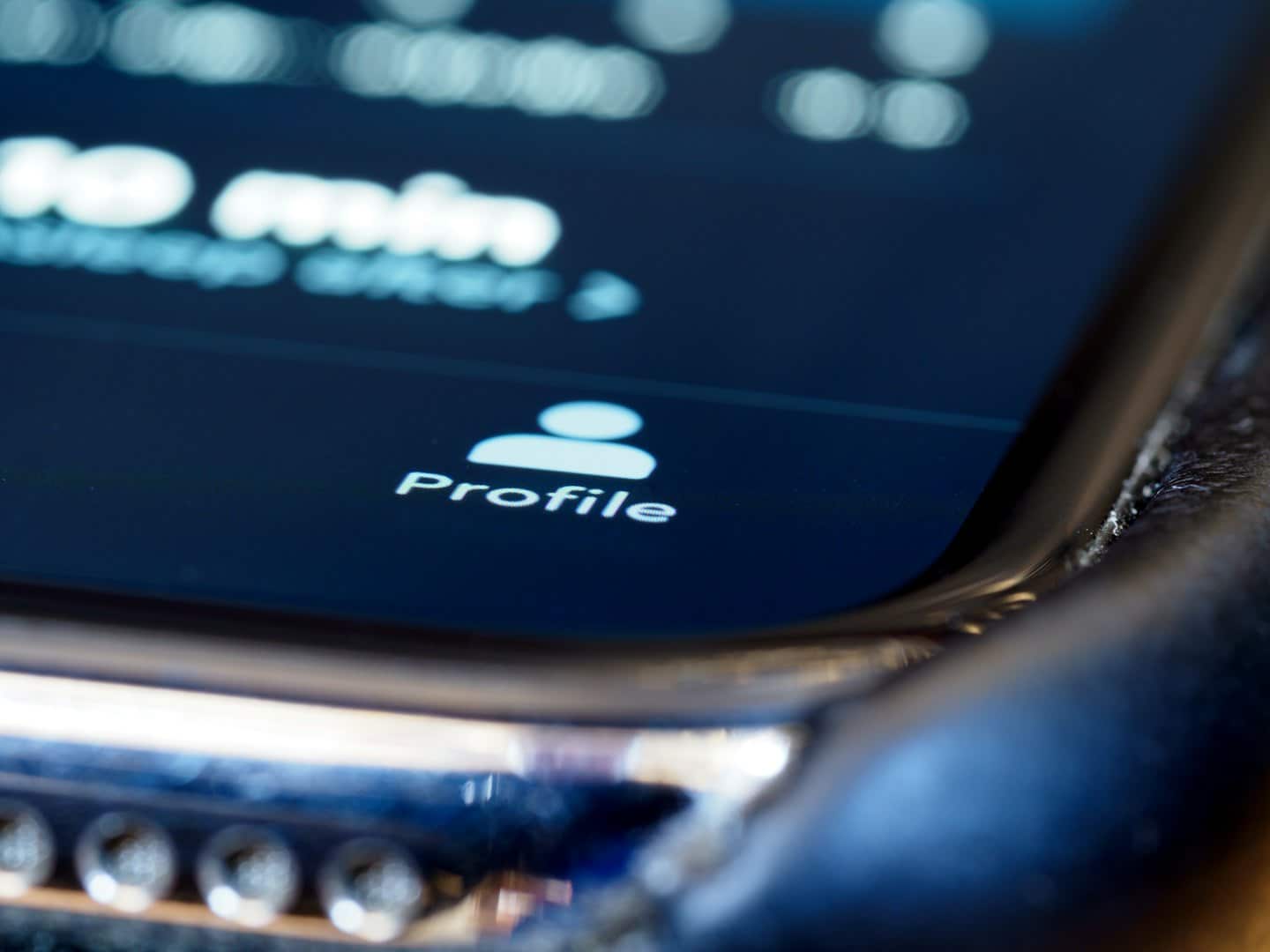 Schermata di uno smartphone con un pulsante e un'icona di profilo bianchi.